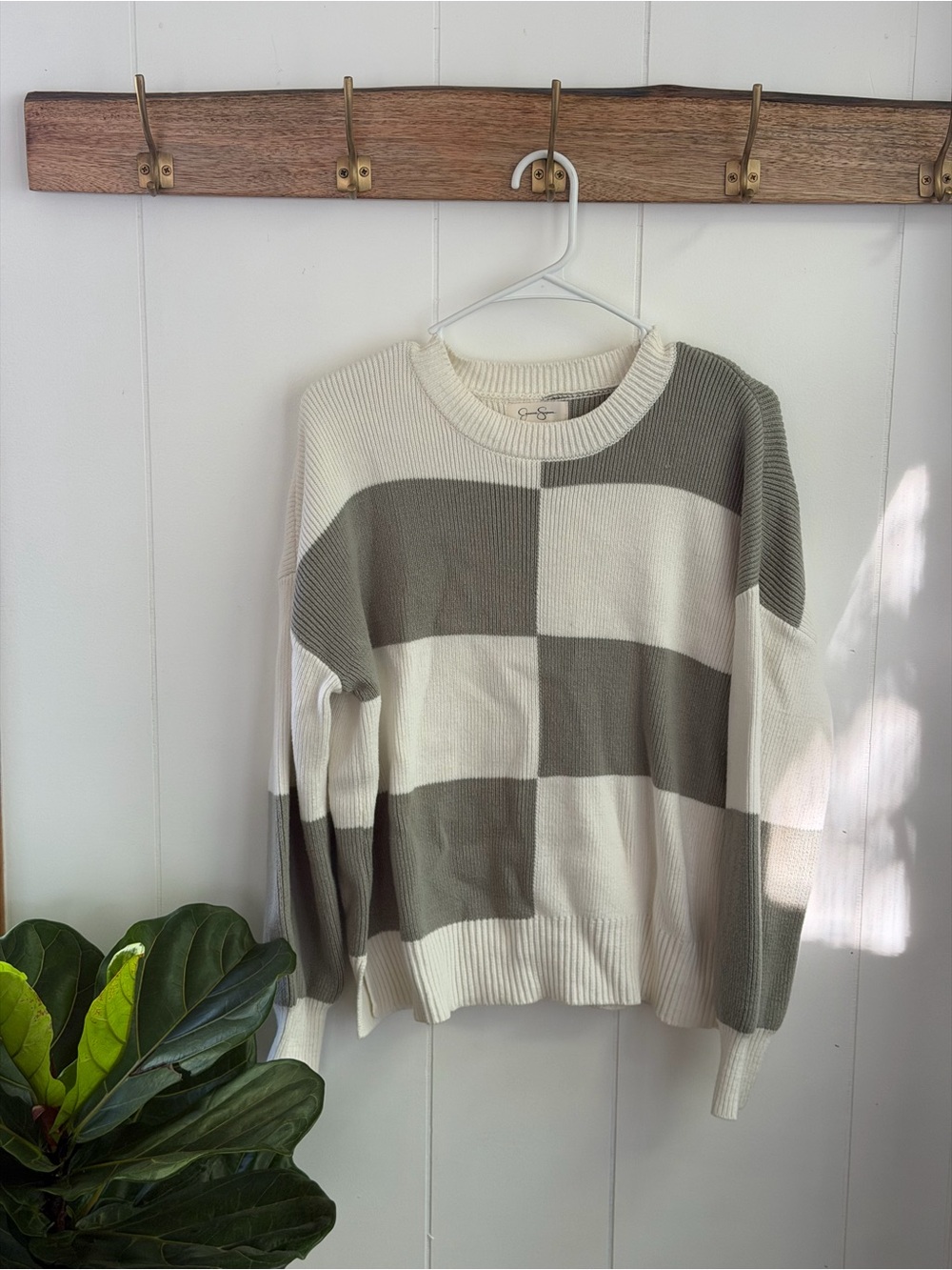 Checked Cream and Sage Knit Sweater